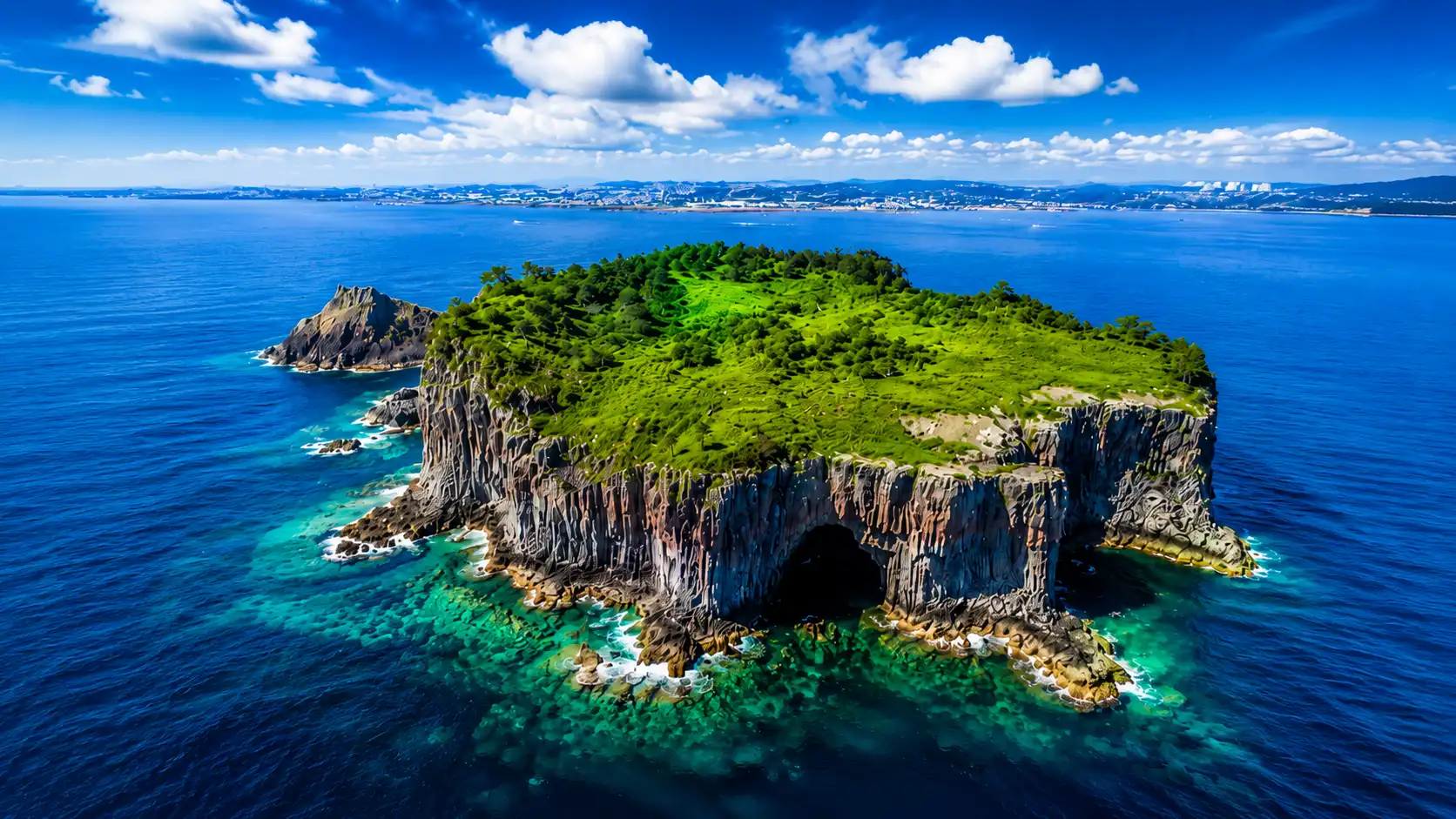 서귀포 앞바다의 천연기념물 제421호 범섬, 웅크린 호랑이를 닮은 바위섬 전경